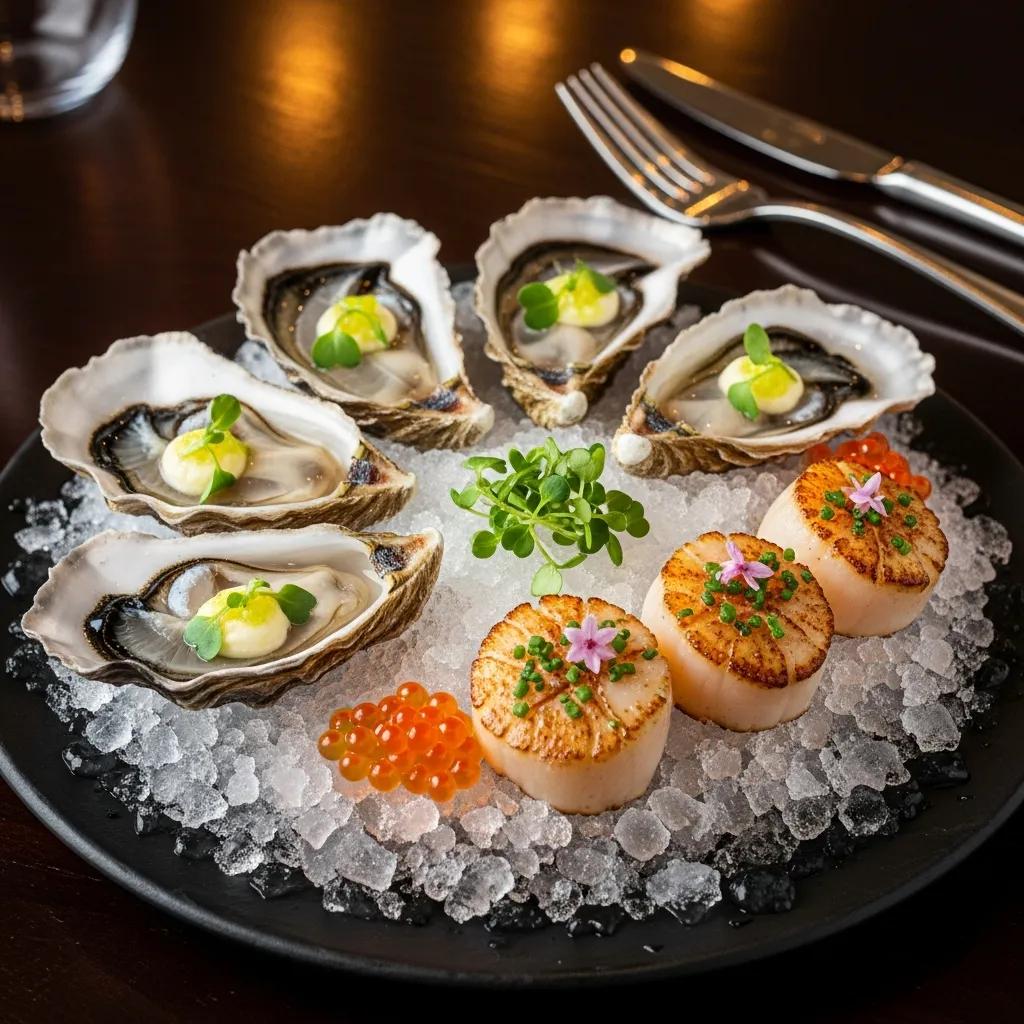 Seasonal seafood starters such as Pacific oysters and seared hotate plated with refined garnishes