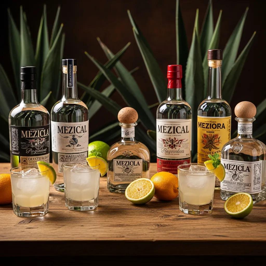 Selection of mezcal and tequila bottles with traditional glassware and fresh citrus garnishes on a rustic wooden table, highlighting fine dining beverage options.