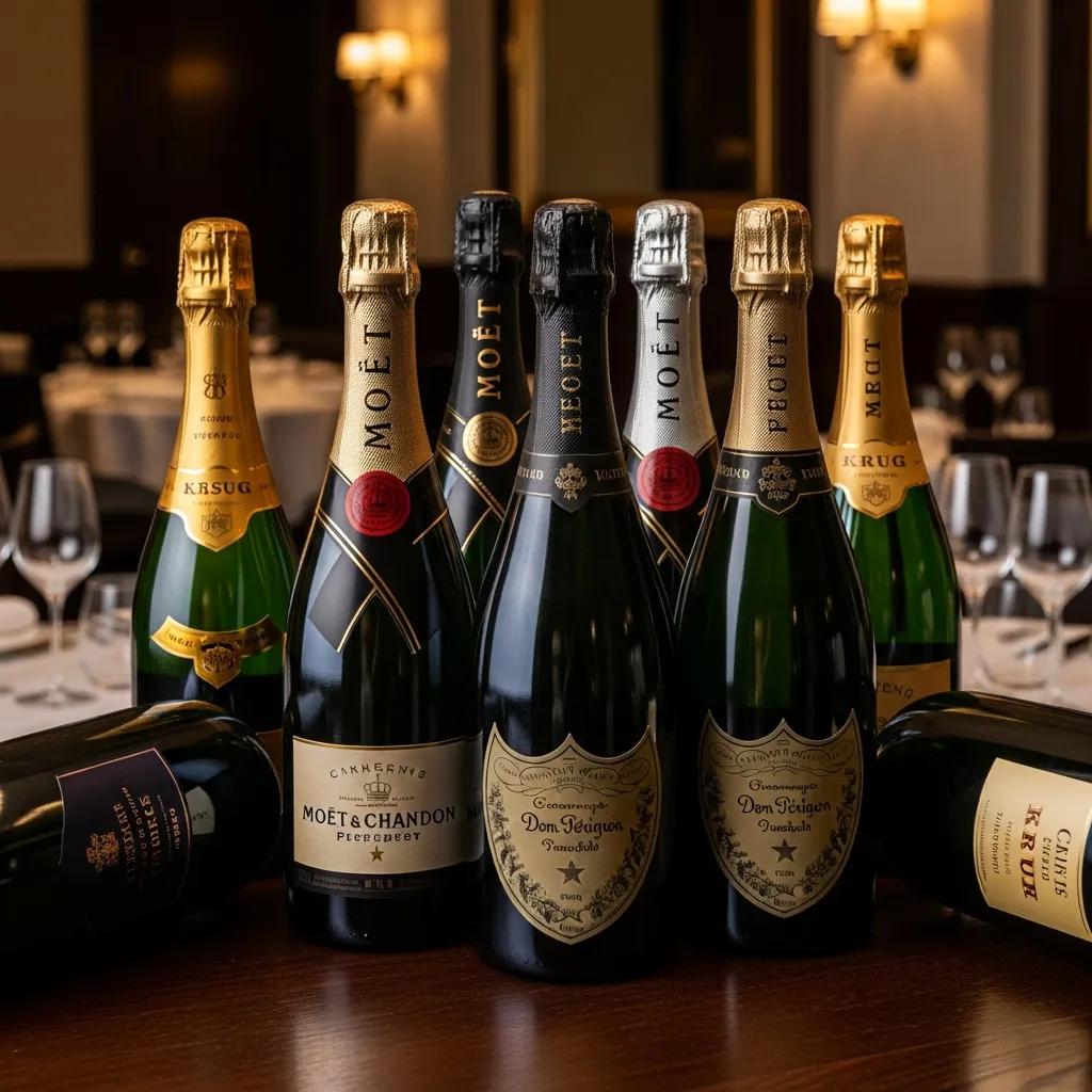 Selection of premium Champagne bottles, including Mo&euml;t & Chandon and Dom P&eacute;rignon, arranged elegantly on a wooden table, showcasing luxury and exclusivity for fine dining experiences.