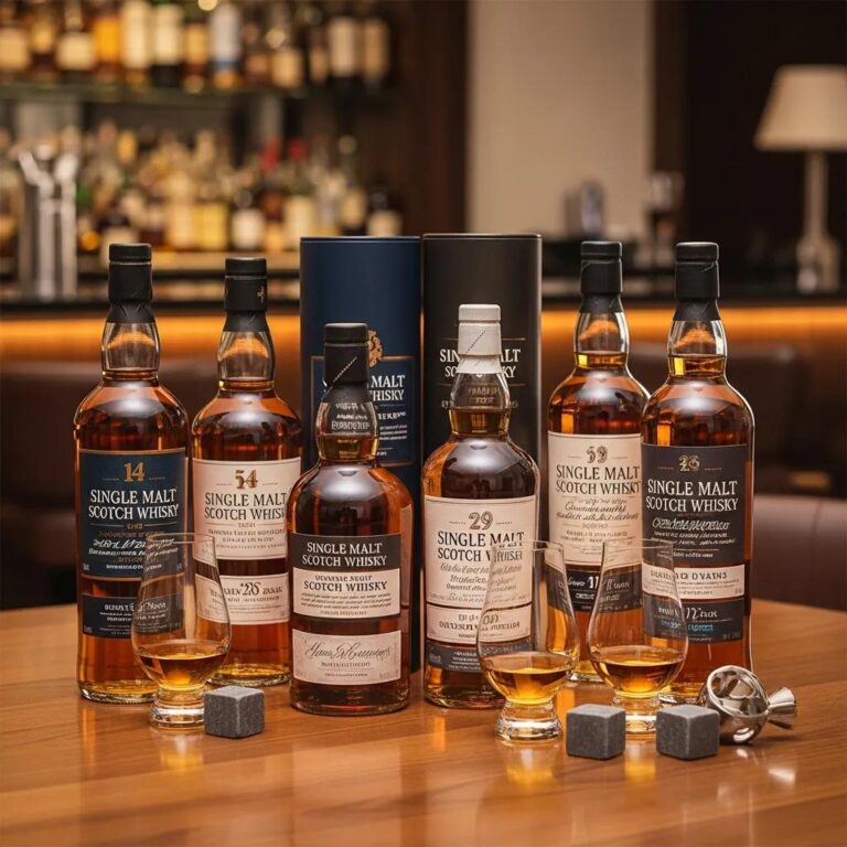 Selection of single malt Scotch whisky bottles in an upscale bar setting, featuring rich amber colors and elegant tasting glasses, highlighting fine dining options at Kaviar Restaurants.