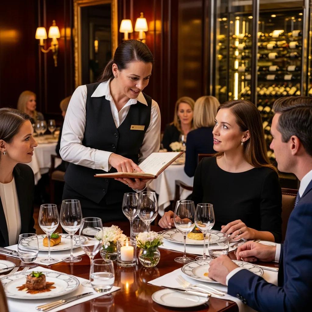 Server discussing personalized omakase options with guests in an intimate dining setting