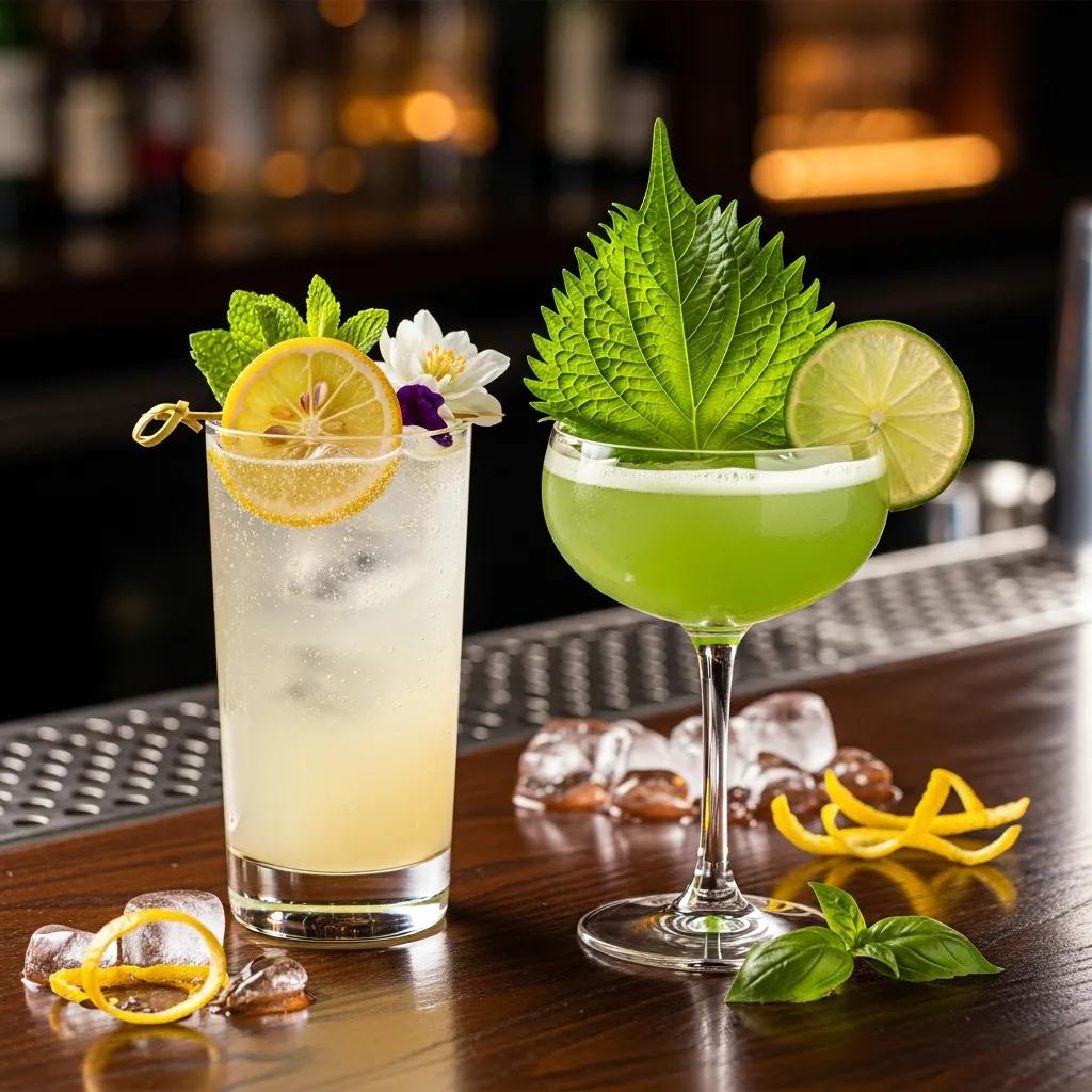 Signature cocktails featuring Japanese ingredients, including a yuzu spritz with lemon and mint, and a shiso gimlet garnished with shiso leaf and lime, on a stylish bar counter with ice and citrus peels.