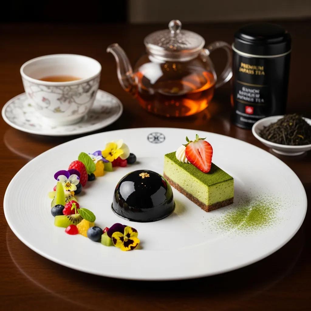 Signature desserts from Kaviar Restaurant featuring a matcha cheesecake, a glossy black dessert dome, and an array of fresh fruits and edible flowers, complemented by a pot of premium Japanese tea and a delicate teacup.