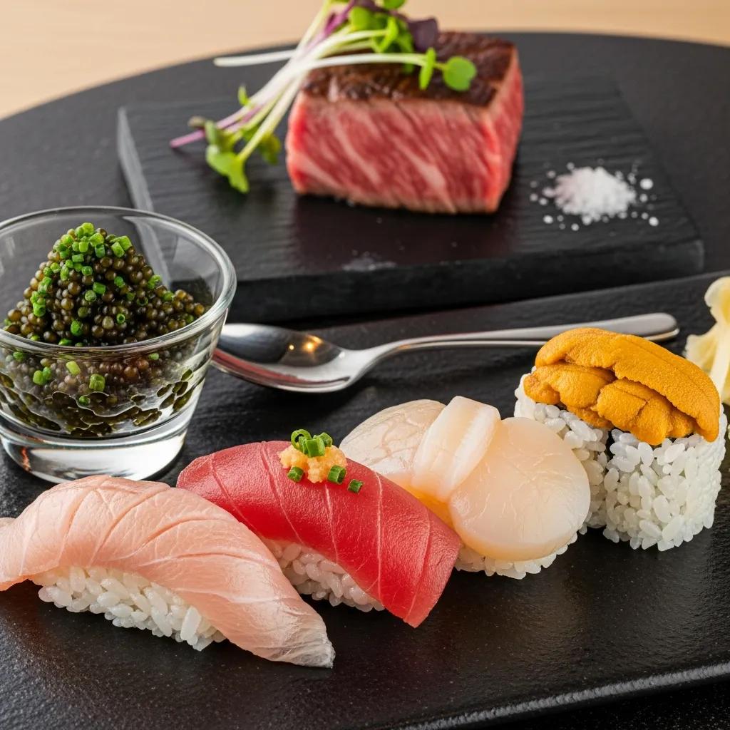 Omakase, A5 Wagyu, and caviar plated with elegant presentation