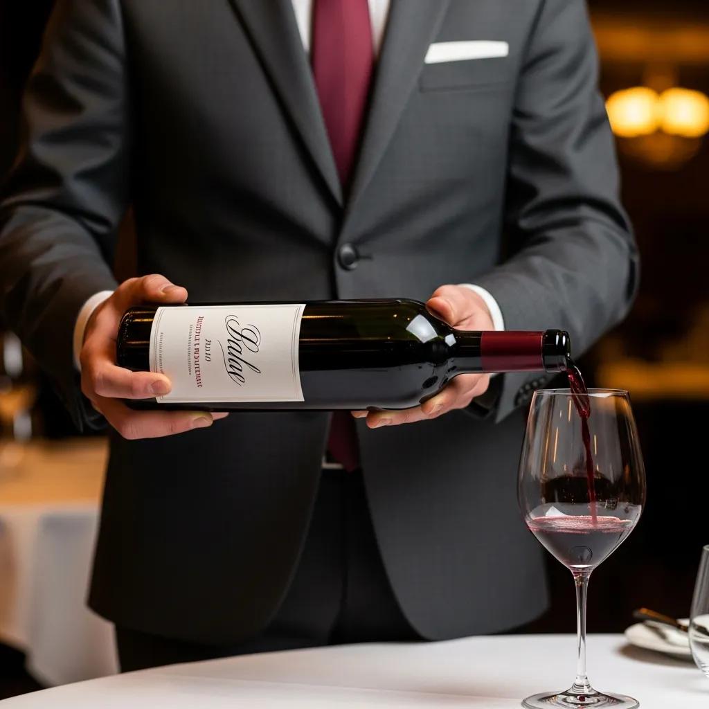 Demonstration of label presentation and a steady pour — key elements of professional wine service
