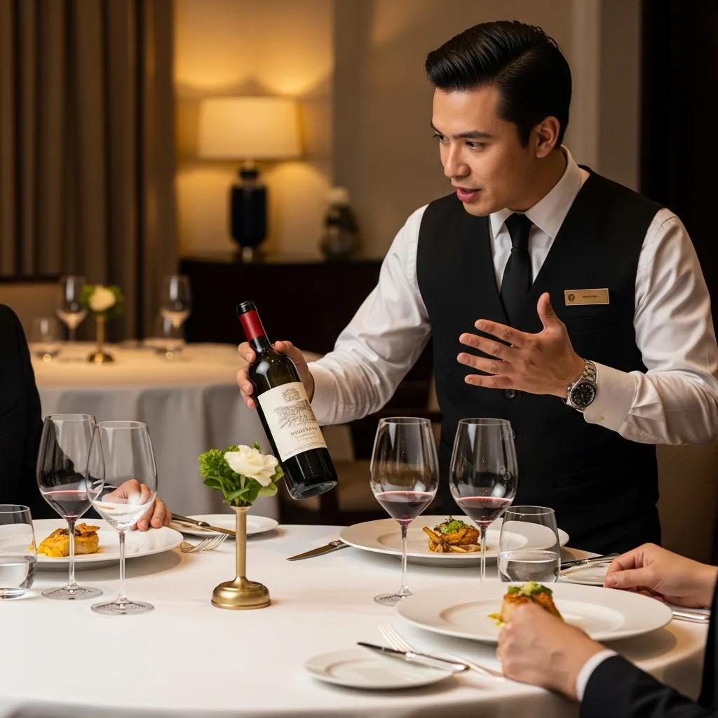 Sommelier engaging with guests about wine pairings in a luxurious dining setting, showcasing wine bottle and glassware alongside elegantly plated dishes.