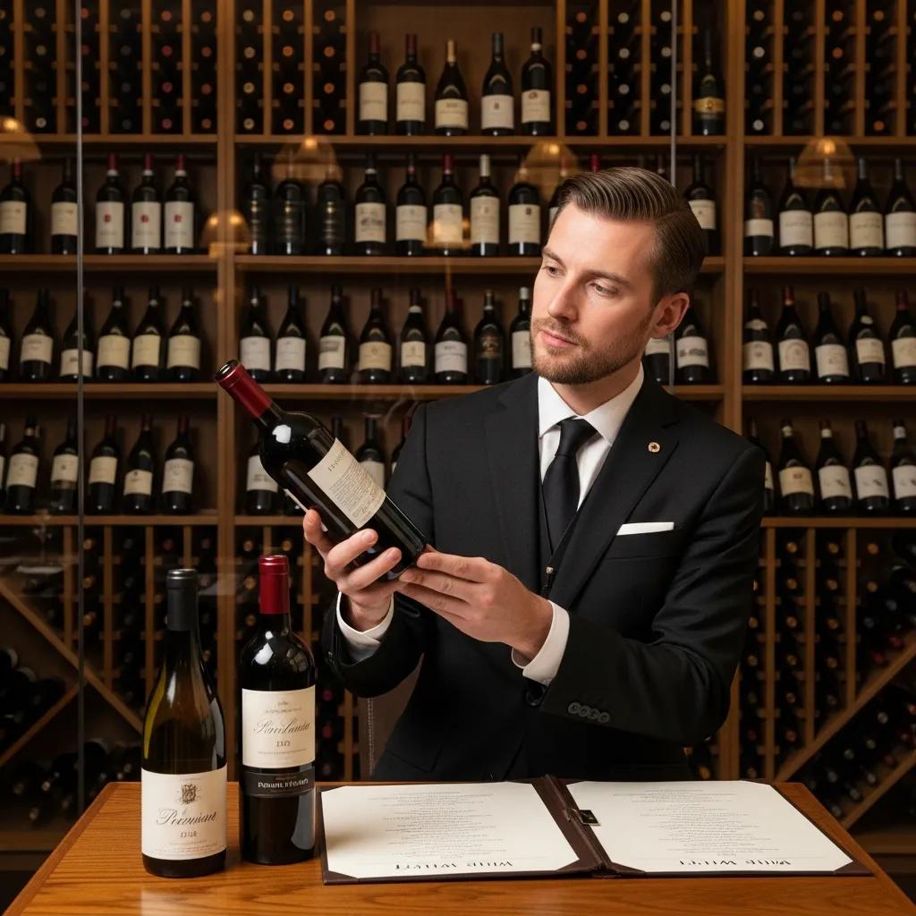 Sommelier assessing bottles in a refined restaurant cellar