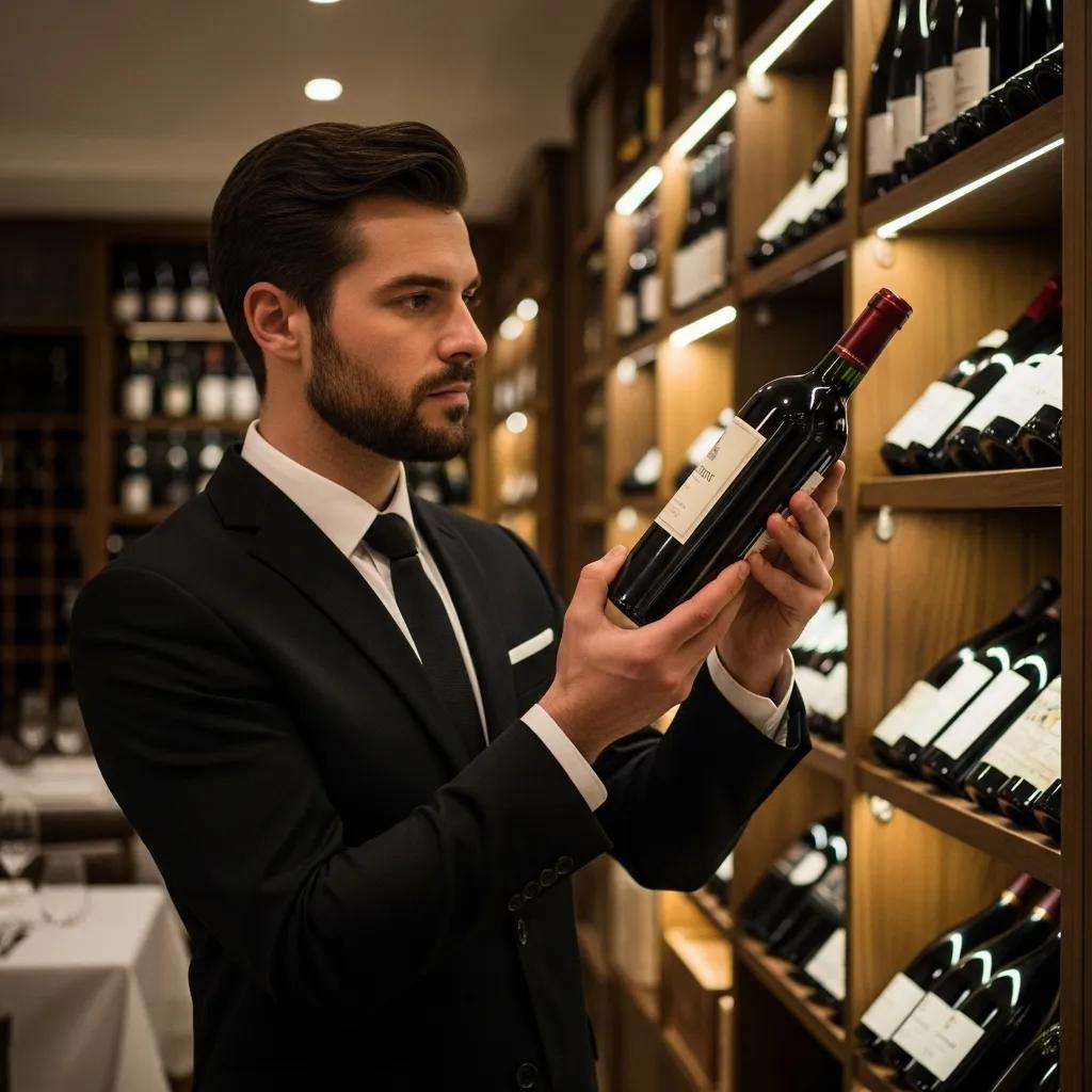 Sommelier inspecting a rare wine bottle in a sophisticated restaurant, highlighting expertise in wine curation and selection.