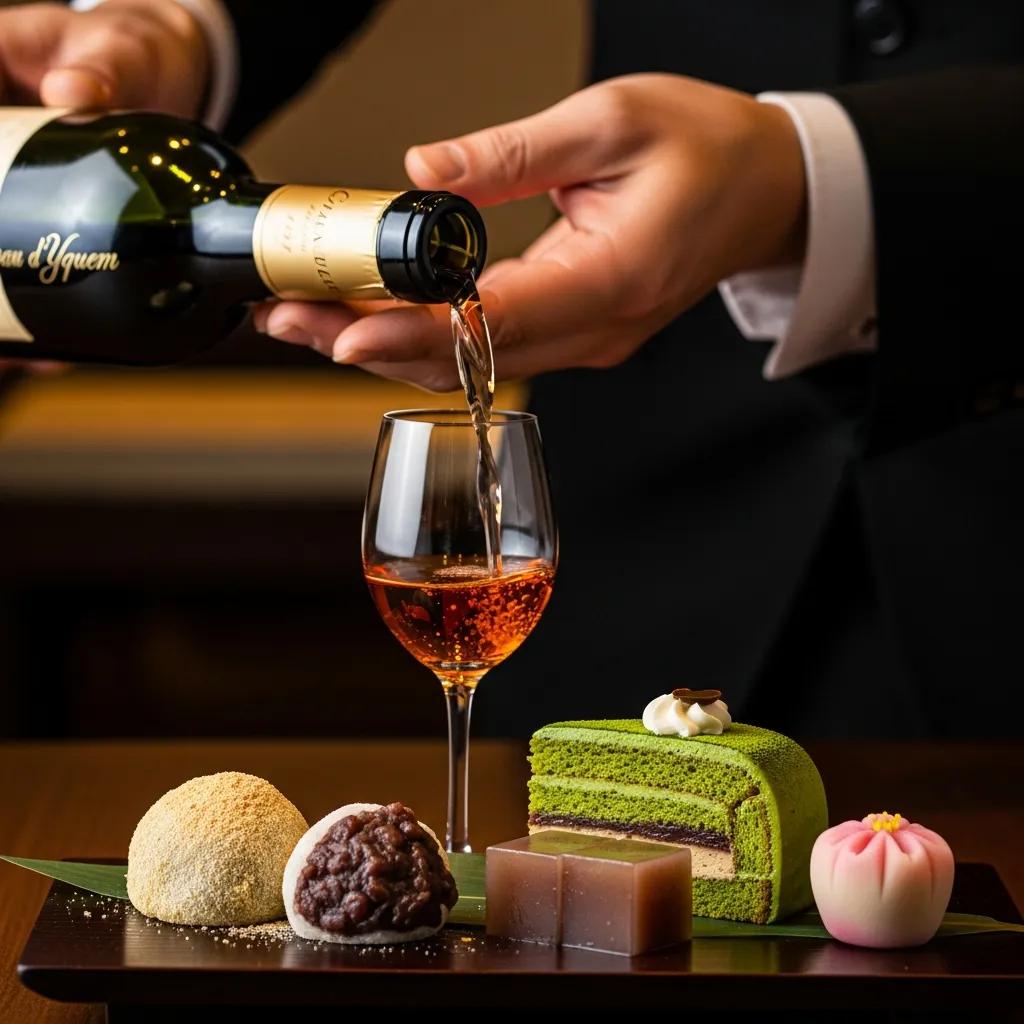 Sommelier gently pouring dessert wine beside plated Japanese sweets &mdash; pairing in practice