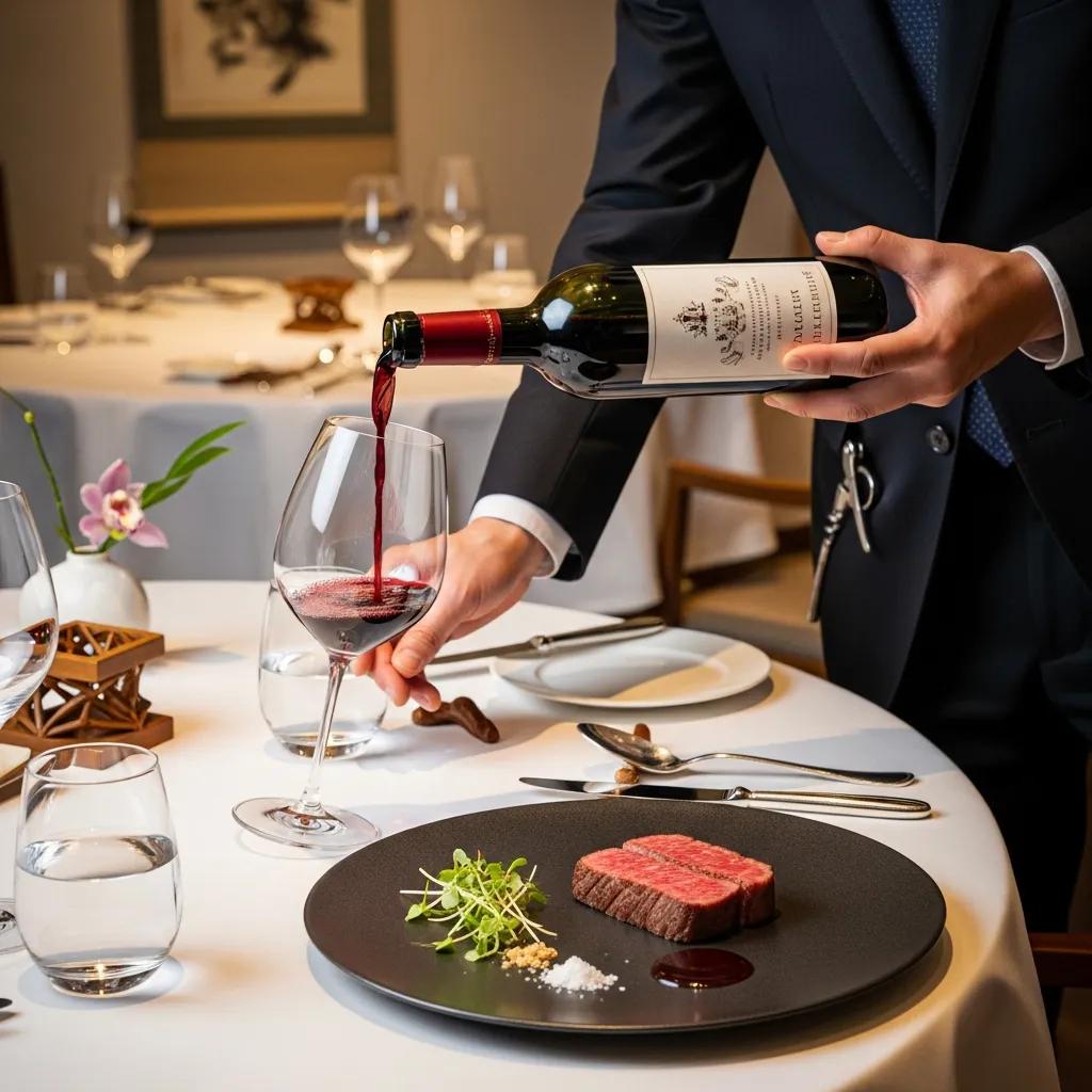 Sommelier pouring wine next to a plated A5 Wagyu course, illustrating paired service in fine dining