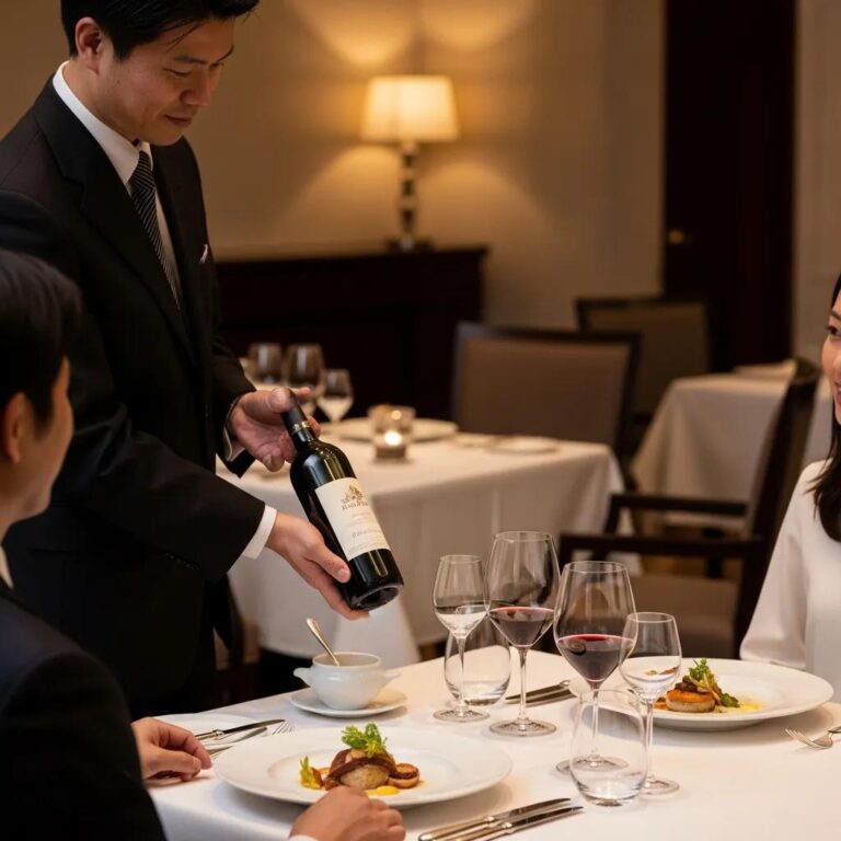 Sommelier presenting a bottle of wine to guests in a luxurious fine dining setting, emphasizing elegance and wine service etiquette.