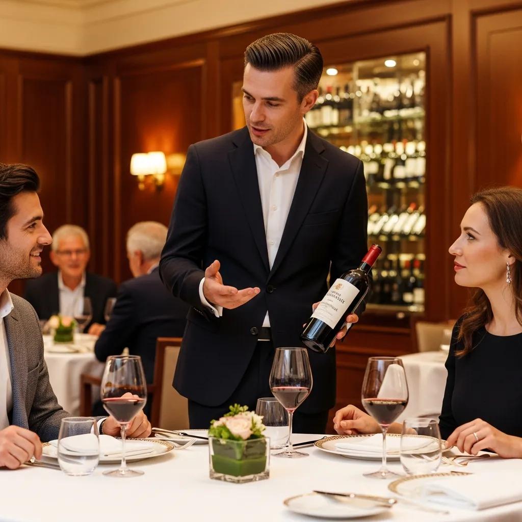 Sommelier presenting a pairing to diners in an elegant restaurant