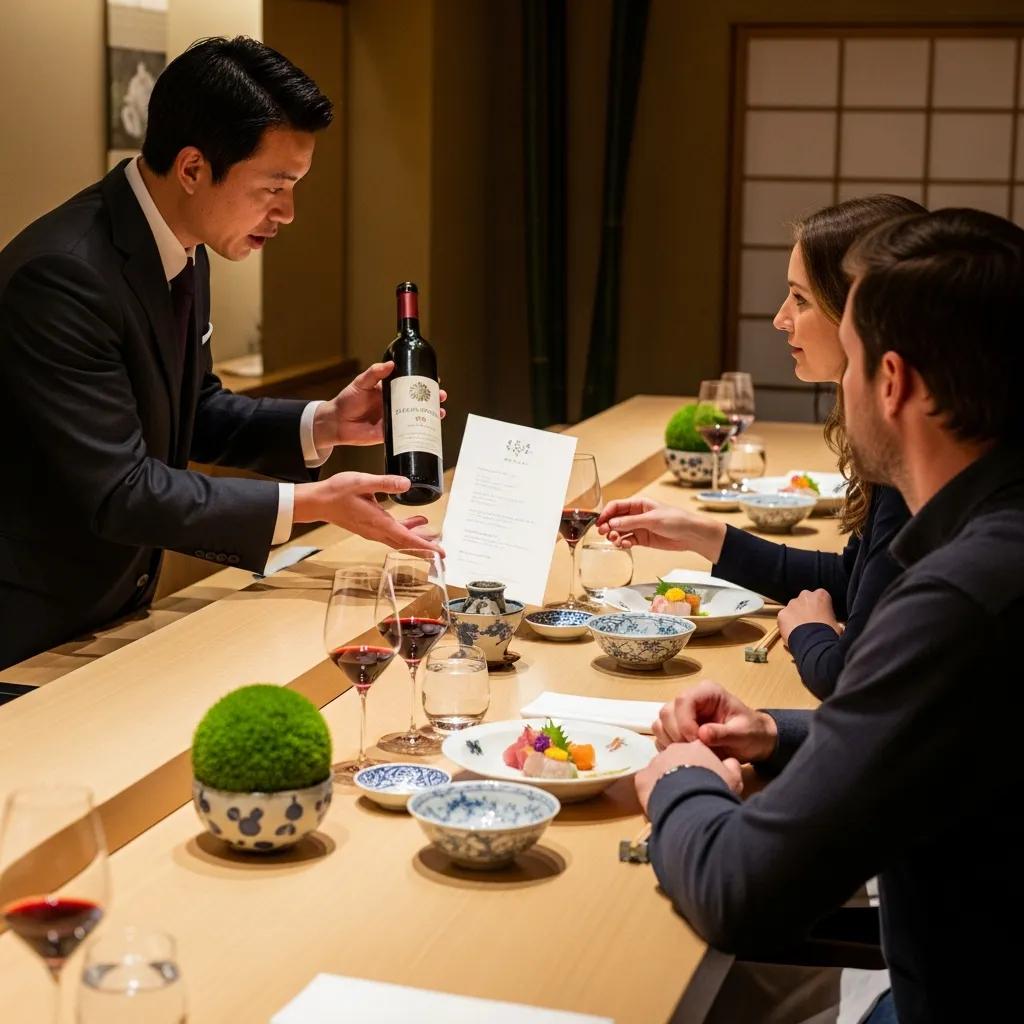 Sommelier presenting a wine pairing during an intimate omakase service