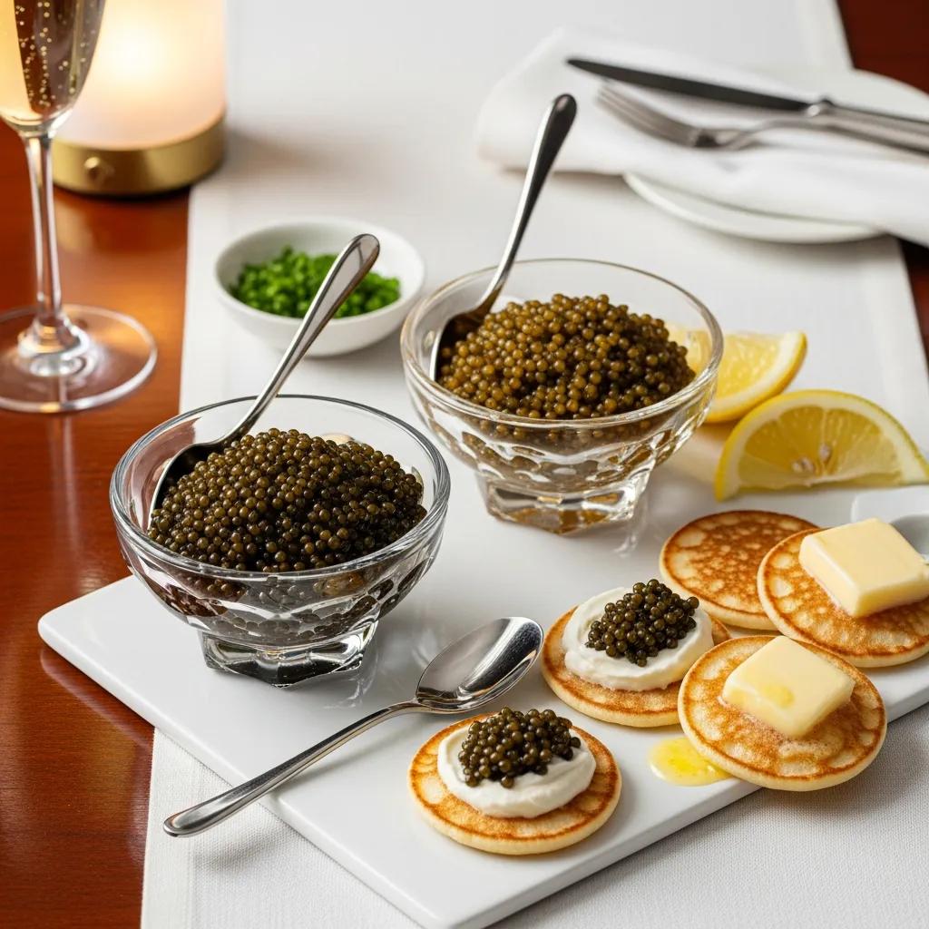 Sophisticated caviar tasting setup featuring Kaluga and Osetra caviar served in crystal bowls with warm toasts, cr&egrave;me fra&icirc;che, and garnishes like lemon and chives, emphasizing luxurious winter dining at Kaviar Restaurants.