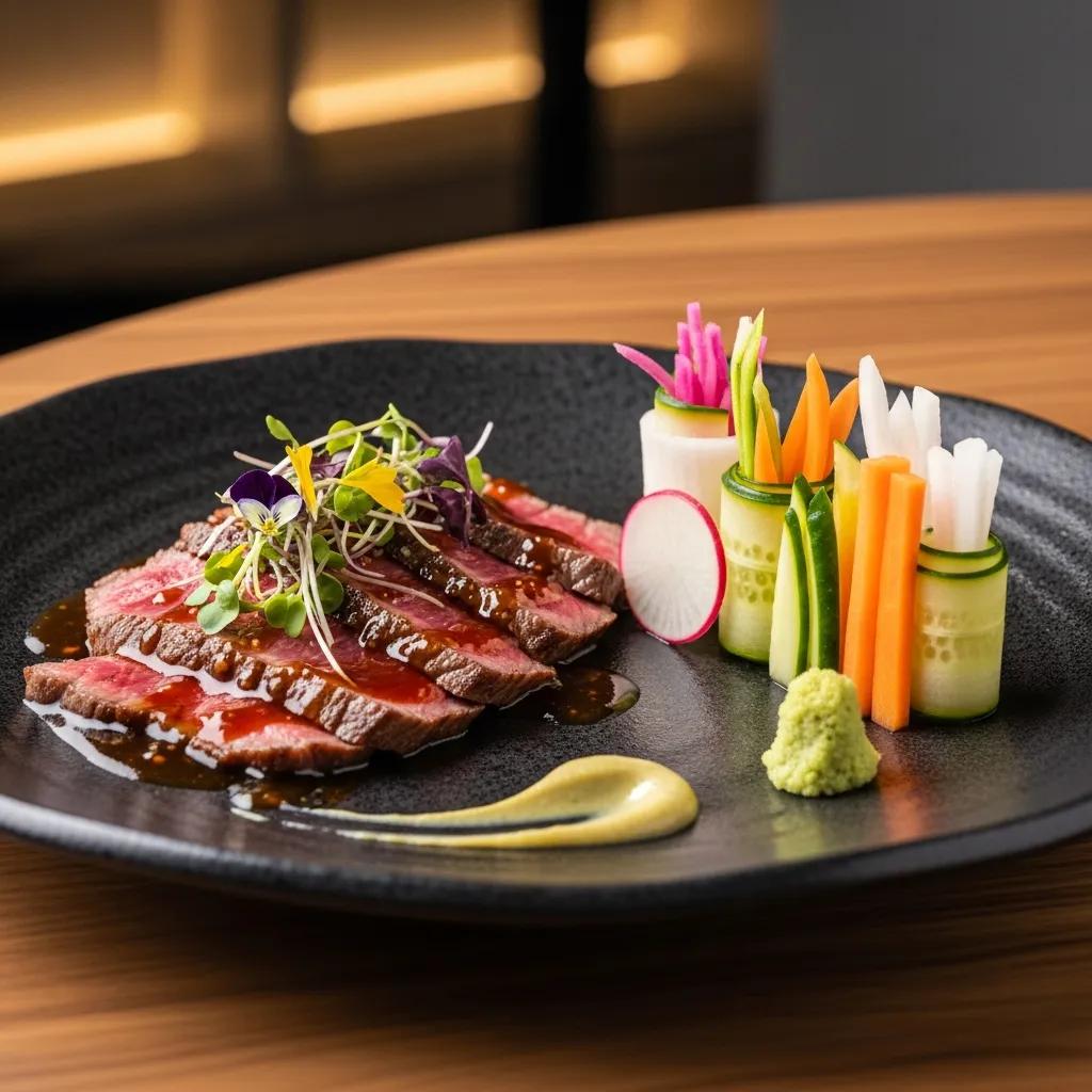 A5 Wagyu plated with a delicate miso glaze and pickled vegetables, presented with fine‑dining precision