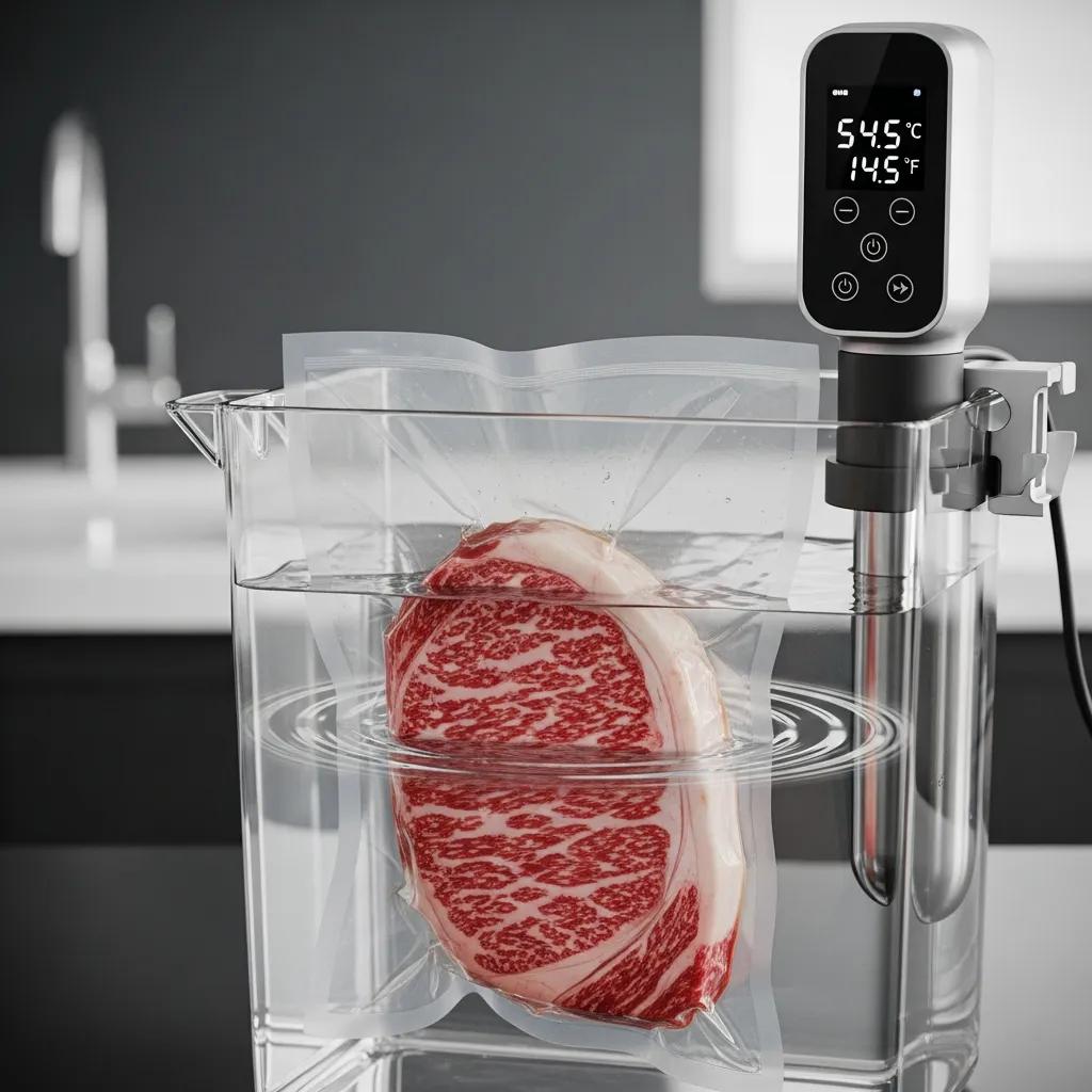 Immersion circulator and sealed A5 Wagyu steak cooking in a sous vide water bath