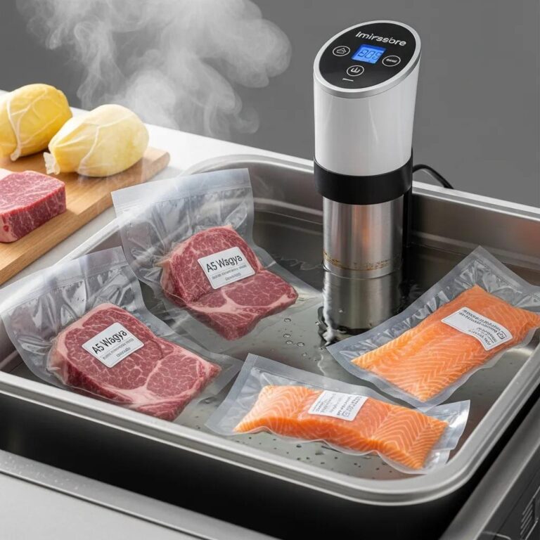 Sous vide cooking setup with immersion circulator, A5 Wagyu, and salmon in a water bath