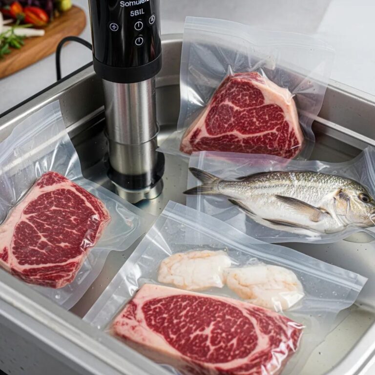 Sous vide cooking setup with immersion circulator, vacuum-sealed bags containing marbled steak cuts and a whole fish, emphasizing gourmet cooking techniques for sustainable fine dining.