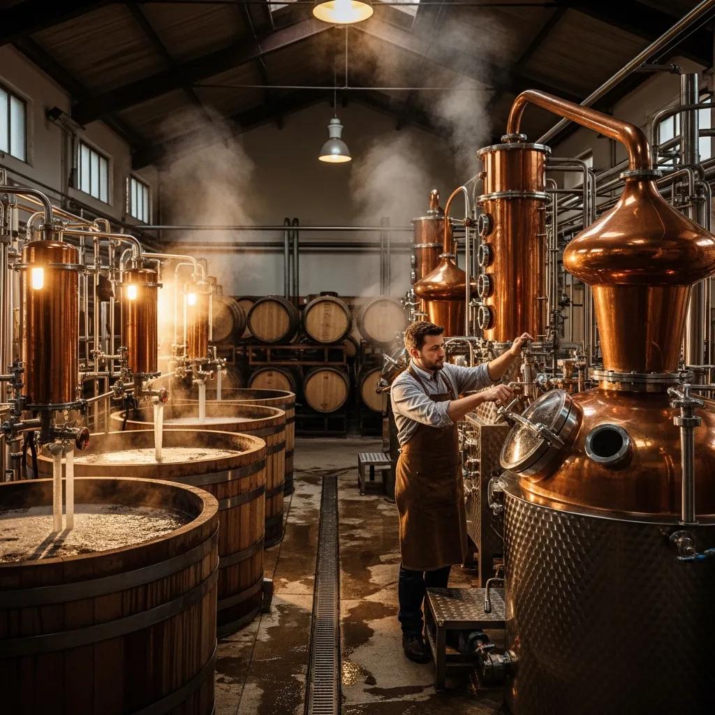 Spirits distillation process with pot stills and fermentation tanks in a warm distillery setting