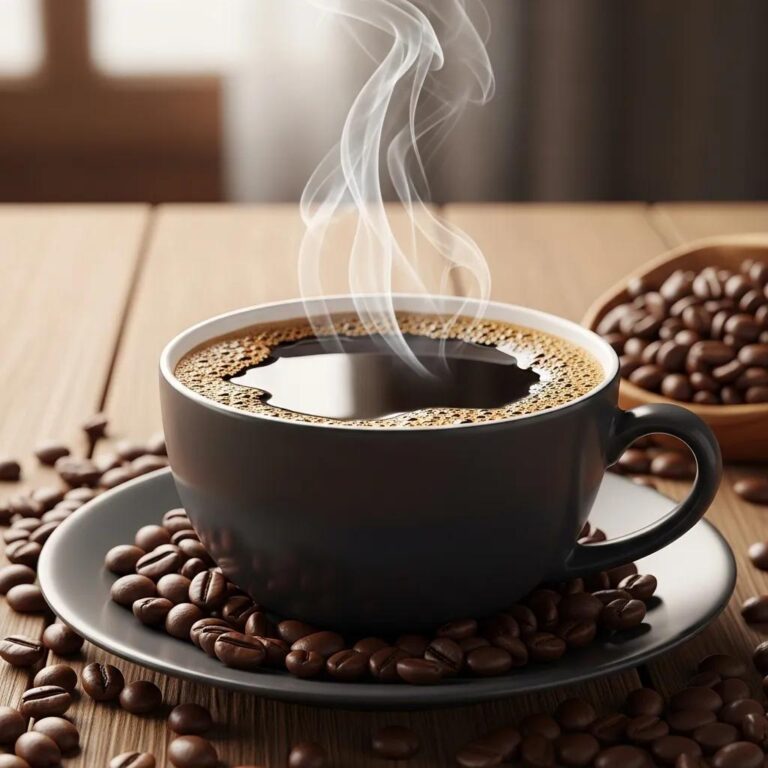 Steaming cup of coffee with scattered coffee beans on a rustic wooden table, emphasizing the journey from bean to cup