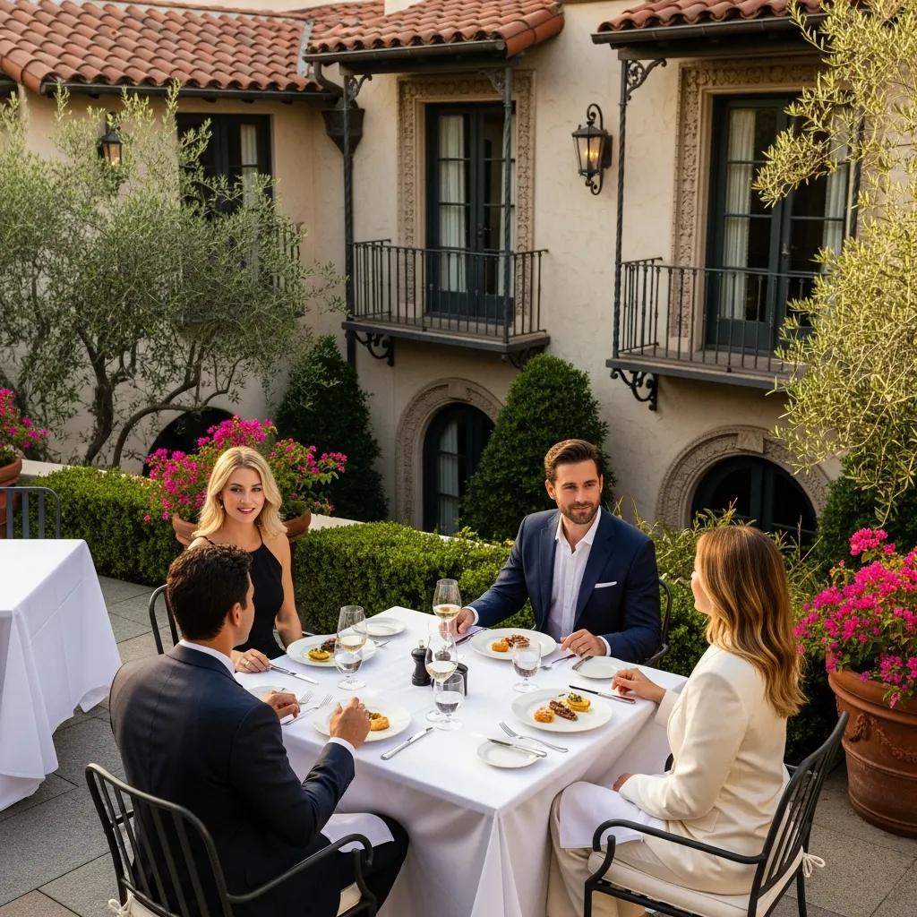 Stylish individuals dining outdoors at Kaviar Restaurants in Pasadena, showcasing fine dining attire against a backdrop of elegant architecture and vibrant greenery, reflecting local dining trends and expectations for sophisticated dress codes.