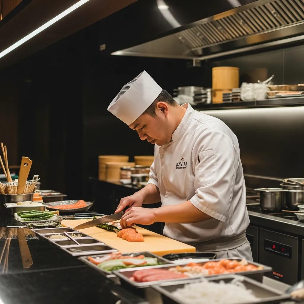 Sushi chef composing nigiri with precise technique in Kaviar&rsquo;s kitchen
