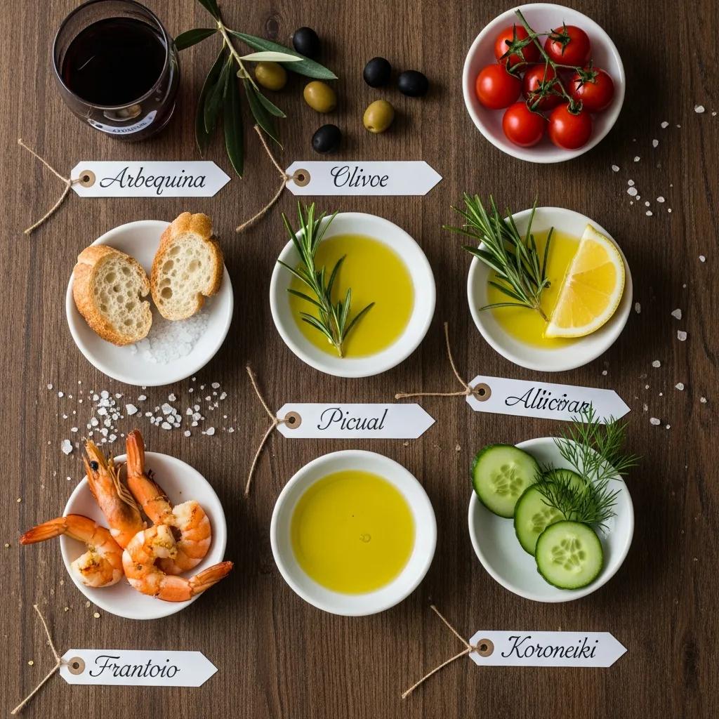 Variety of olive oils including Arbequina, Picual, and Koroneiki, paired with fresh ingredients like shrimp, bread, lemon, and vegetables, showcasing culinary uses and flavor profiles for fine dining.