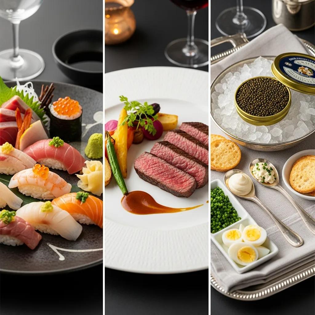 Three dishes illustrating Kaviar experiences: omakase, A5 Wagyu, and caviar service
