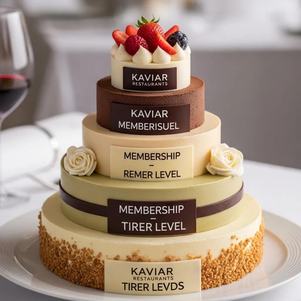 Tiered cake representing Kaviar Restaurants' loyalty program levels, featuring labels for "Membership - Remer Level," "Membership - Tirer Level," and "Kaviar Memberisuel," adorned with fresh berries and decorative flowers, symbolizing exclusive dining rewards and experiences.