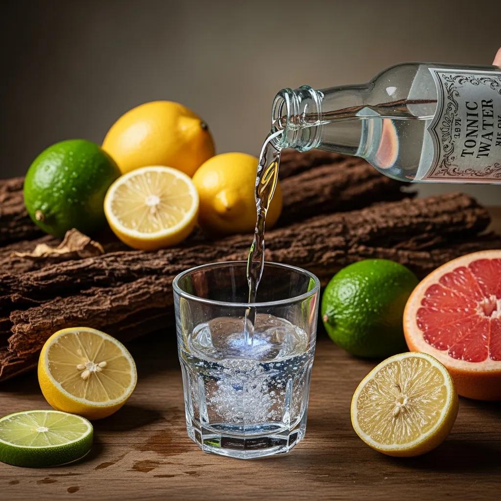 Tonic water being poured into a glass surrounded by citrus fruits and quinine bark, illustrating the drink's medicinal origins and connection to gin.