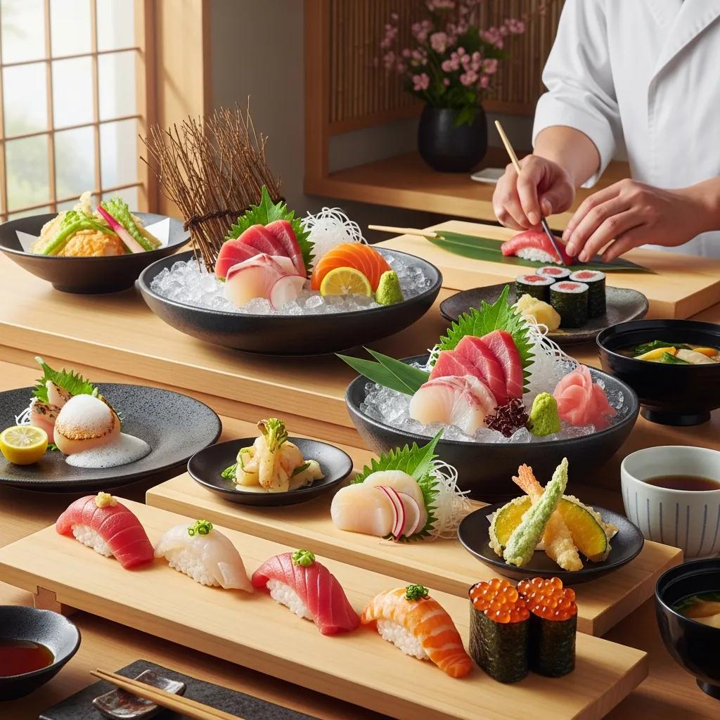 Traditional Japanese sushi and sashimi assortment presented elegantly, featuring vibrant fish selections, garnishes, and accompanying dishes, highlighting fine dining aesthetics.