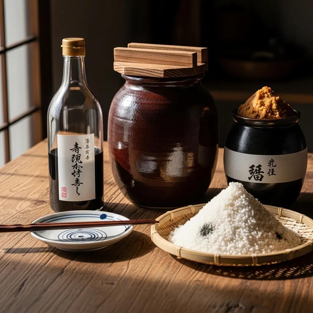 Traditional Japanese fermented ingredients including miso, shoyu, and koji displayed on a wooden table, emphasizing their role in enhancing umami flavors in gourmet cuisine.