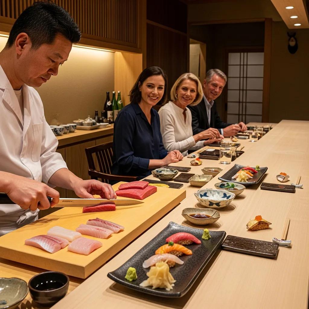 Sushi chef skillfully preparing sushi at an elegant omakase dining counter, with guests enjoying various sushi dishes and seasonal ingredients in a refined Japanese restaurant setting.