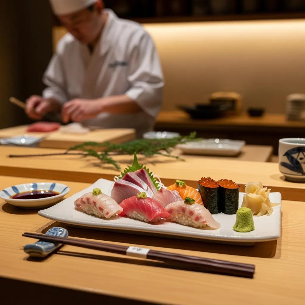 Omakase presentation with sushi, chopsticks, and a calm dining atmosphere
