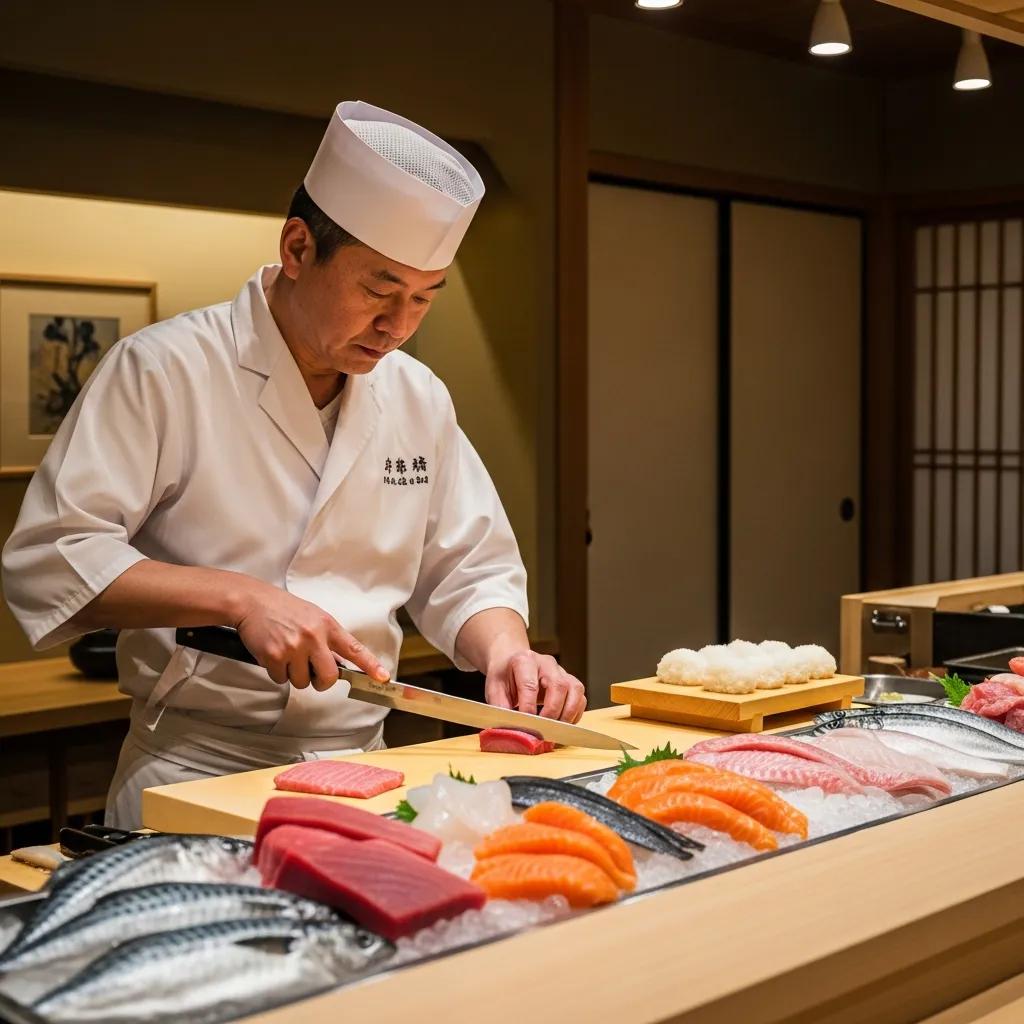 Japanese sushi chef meticulously preparing sushi with fresh seafood and pristine knife skills in a serene restaurant setting, highlighting precision and craftsmanship in omakase dining.