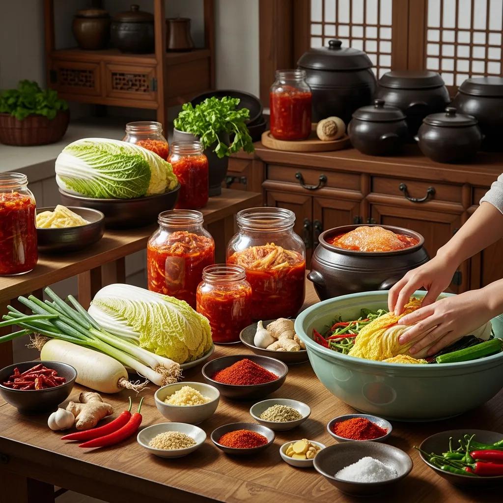 A traditional prep scene with fresh Napa cabbage, radish, spices and jars of fermenting kimchi &mdash; illustrating hands‑on kimchi fermentation