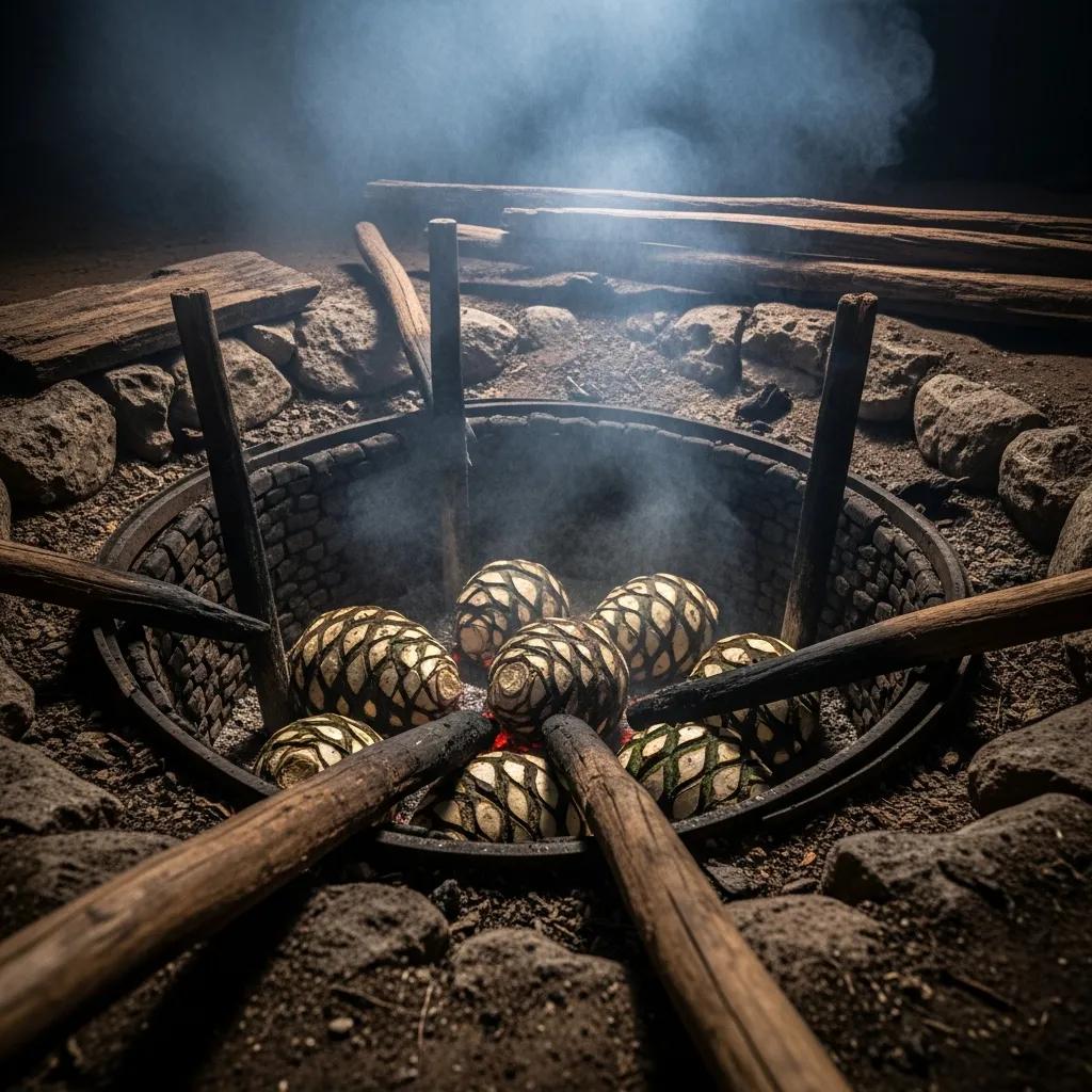 Traditional mezcal production with agave pi&ntilde;as roasting in an underground pit, surrounded by stones and wooden supports, creating smoky, earthy flavors.