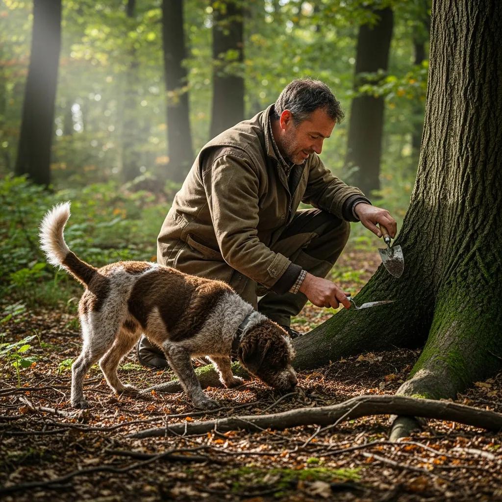 Truffle hunter using a trowel alongside a trained dog in a lush forest, illustrating traditional truffle hunting techniques and the relationship between foragers and their canine companions.