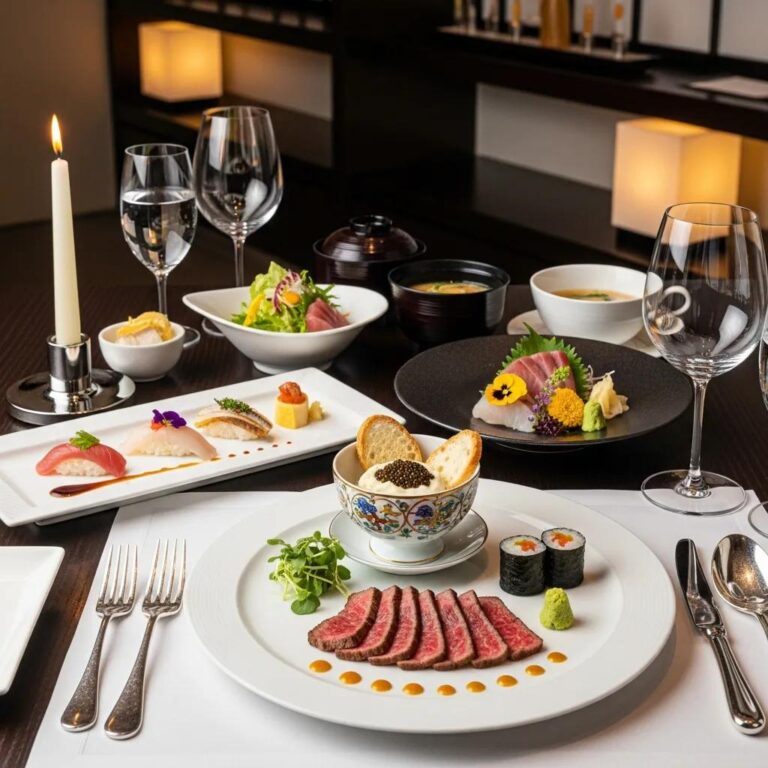 Upscale dining setup at Kaviar Restaurant featuring A5 Wagyu beef, Kaluga caviar, assorted sushi, and seasonal vegetables, highlighting luxury culinary experiences.