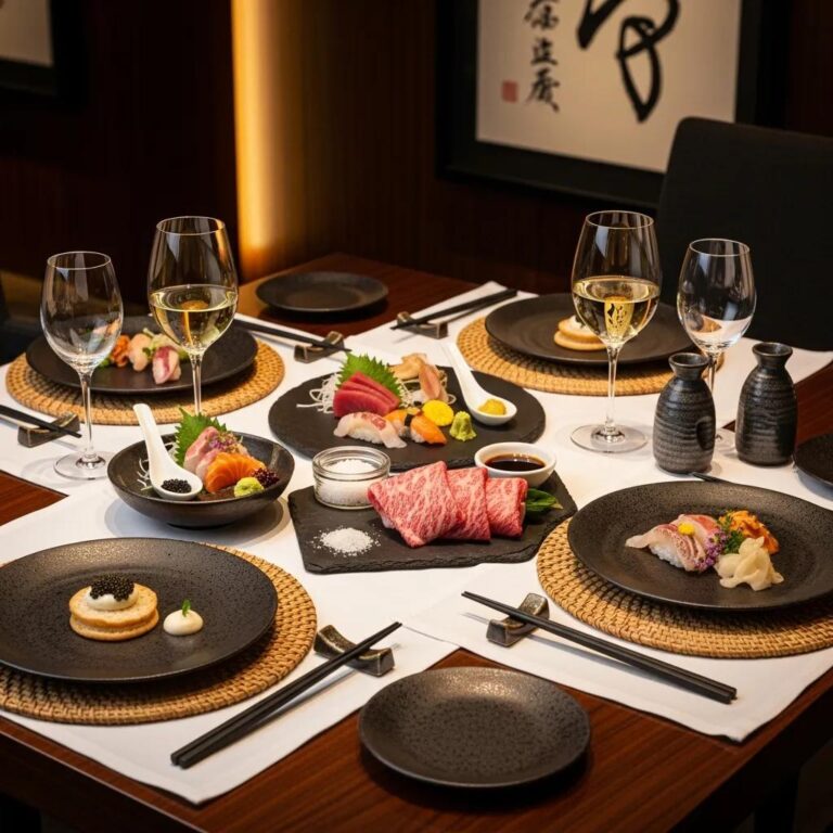 Elegant Japanese fine dining table set featuring omakase dishes, A5 wagyu, caviar, and seasonal ingredients, accompanied by wine glasses and traditional tableware in a luxurious restaurant setting.