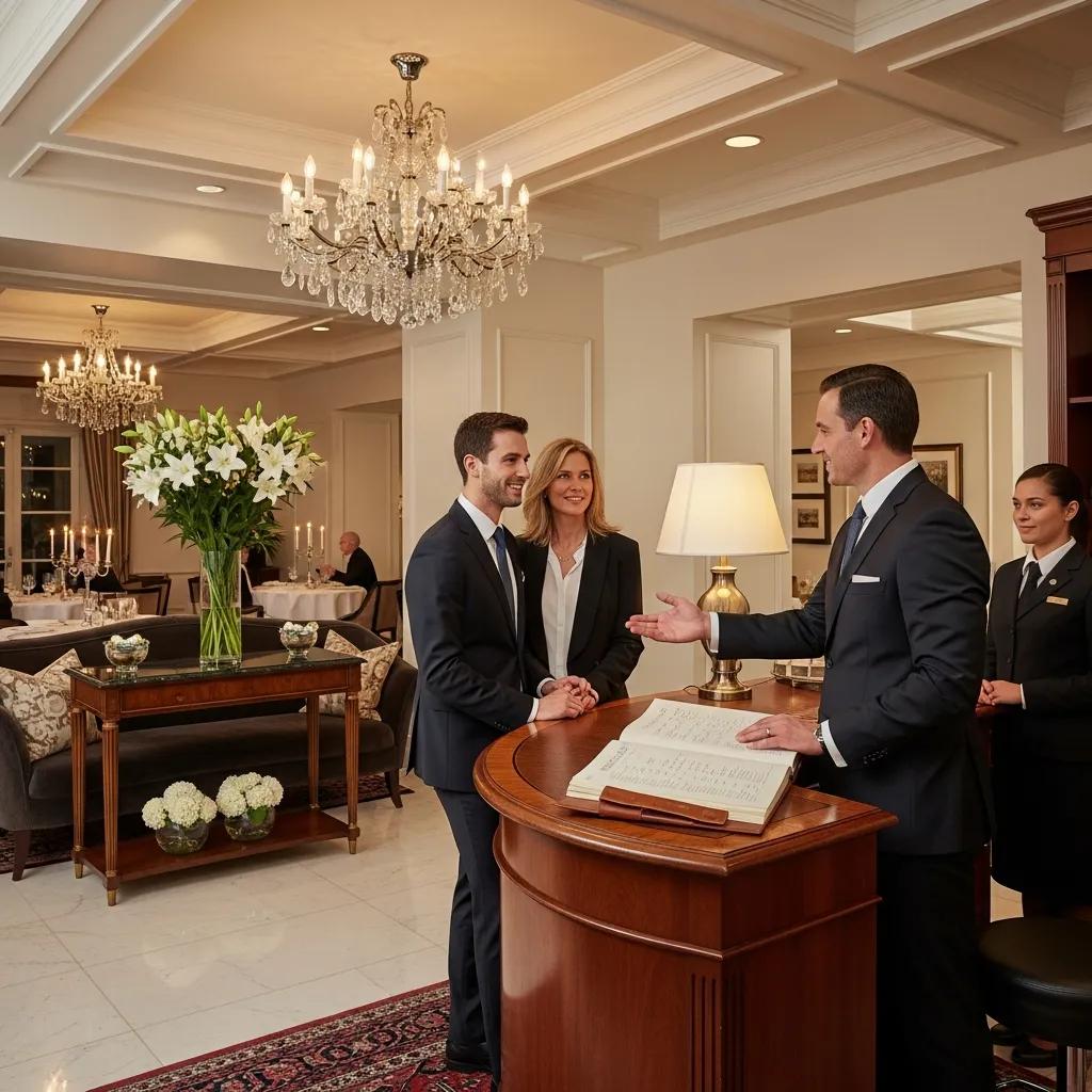 An upscale restaurant reception with a host greeting guests, illustrating luxury reservation etiquette