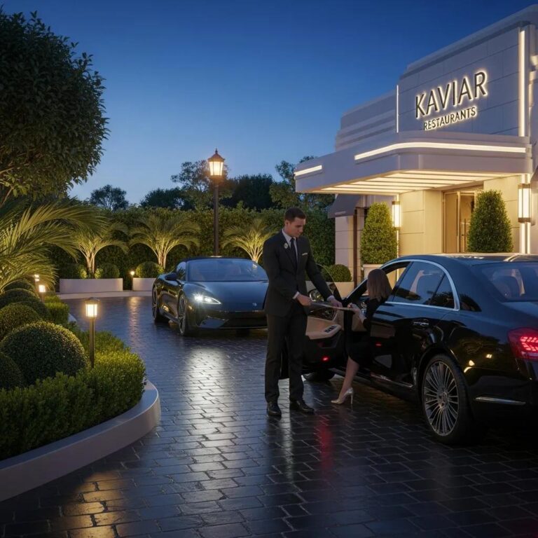 Valet parking service at Kaviar Restaurants, showcasing luxury dining experience with a well-dressed attendant assisting a guest in an upscale setting at night.