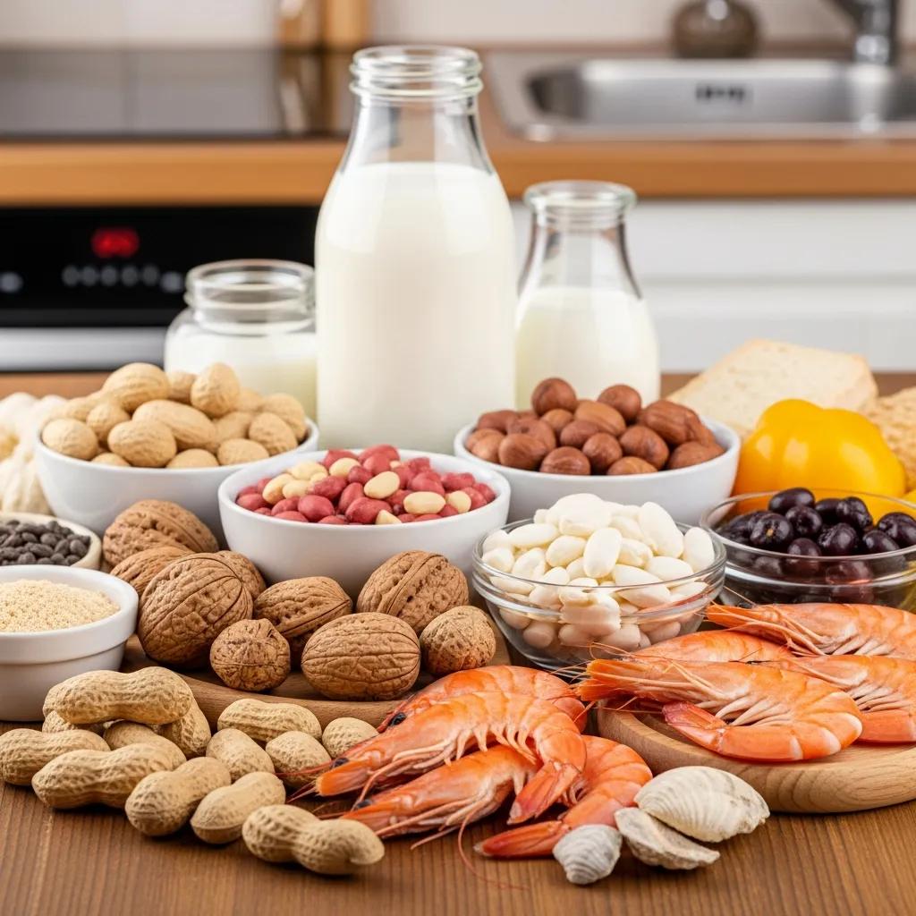 Variety of common food allergens including peanuts, tree nuts, dairy, and shellfish on a wooden table, emphasizing allergy awareness.