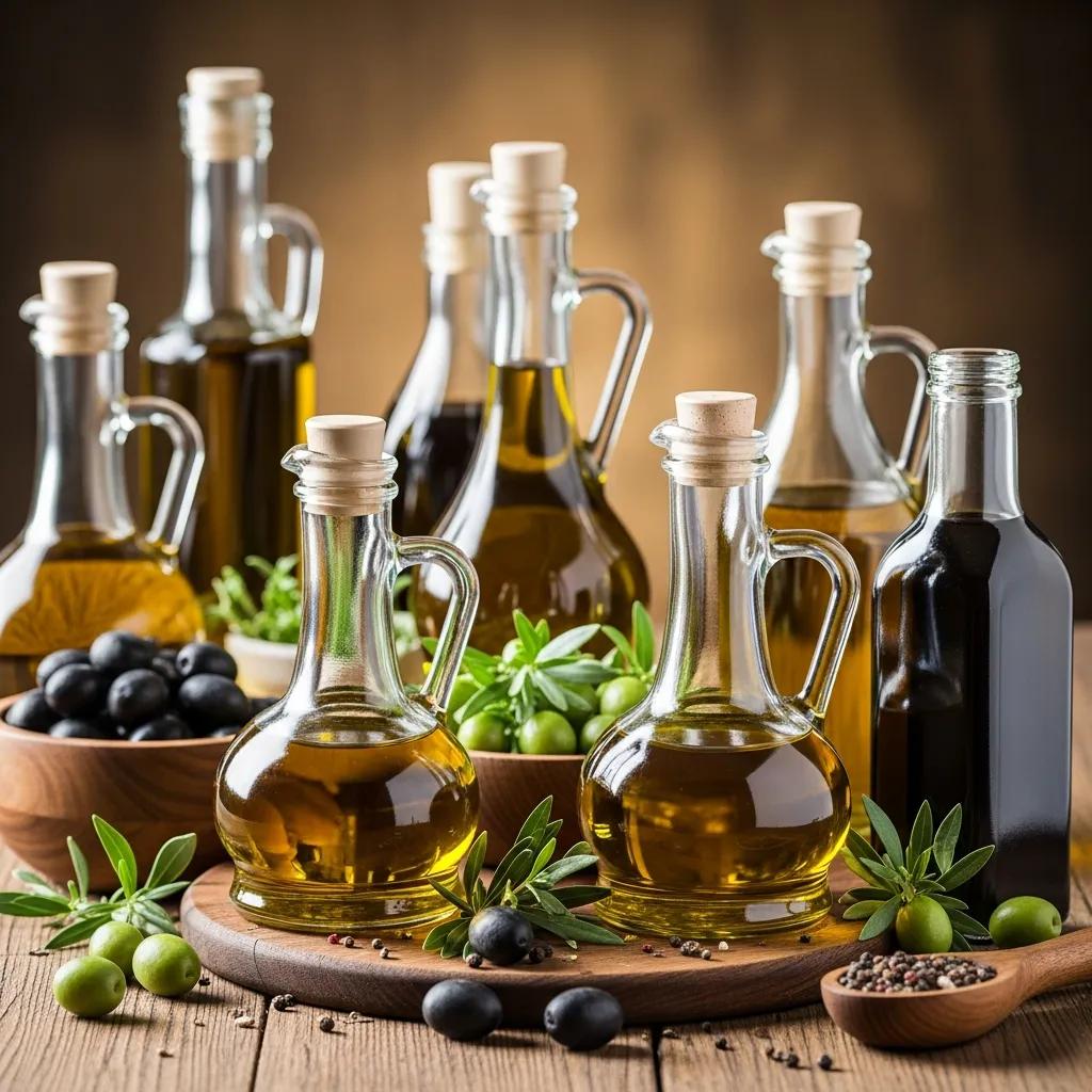 Variety of olive oils in glass bottles surrounded by fresh olives and herbs on a wooden table, showcasing culinary options for fine dining.