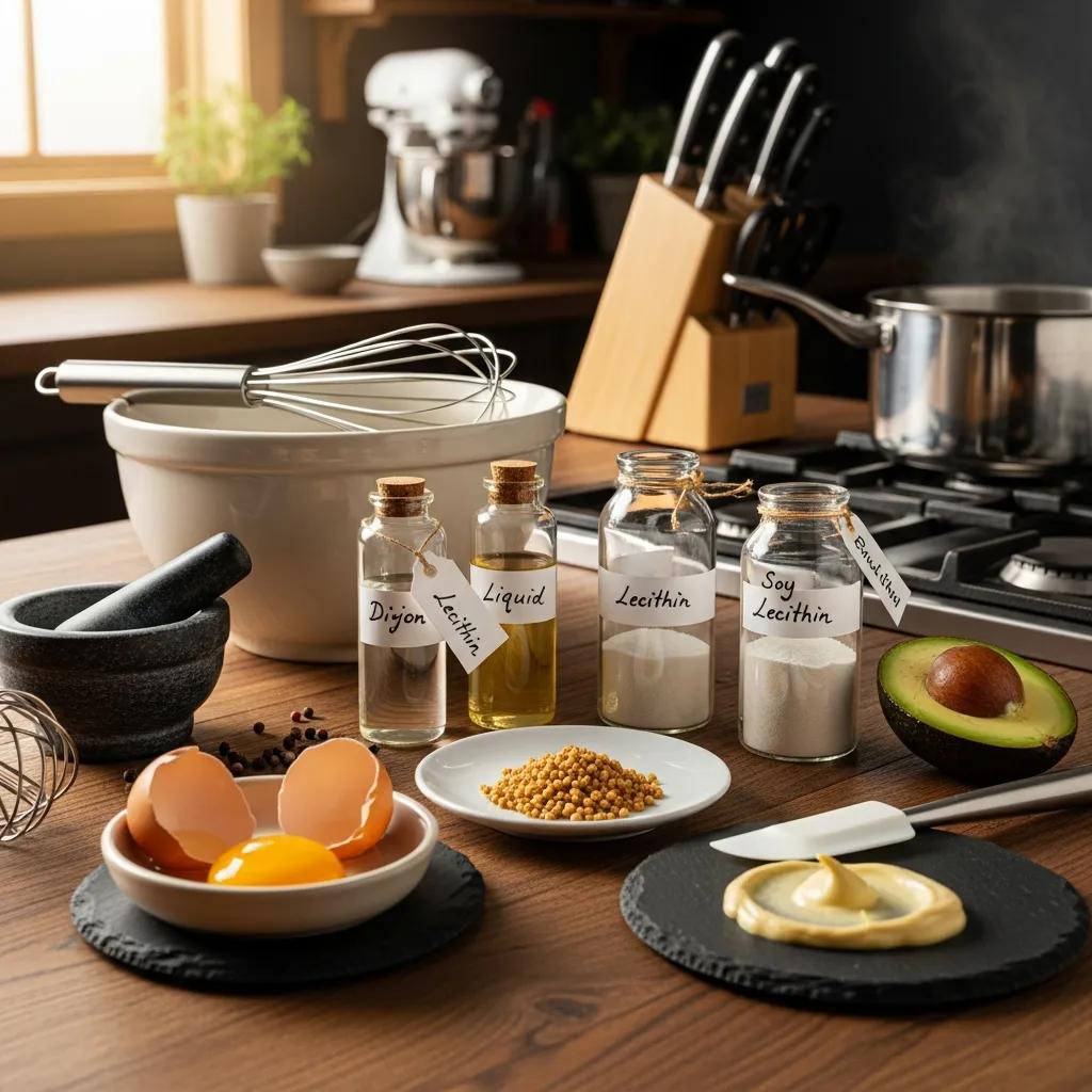 An arrangement of common culinary emulsifiers—egg yolk, mustard, lecithin—on a professional prep surface