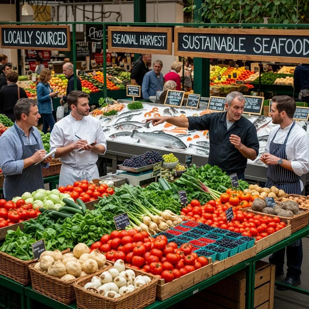 Fresh produce and seafood at a local market, representing seasonal and traceable sourcing