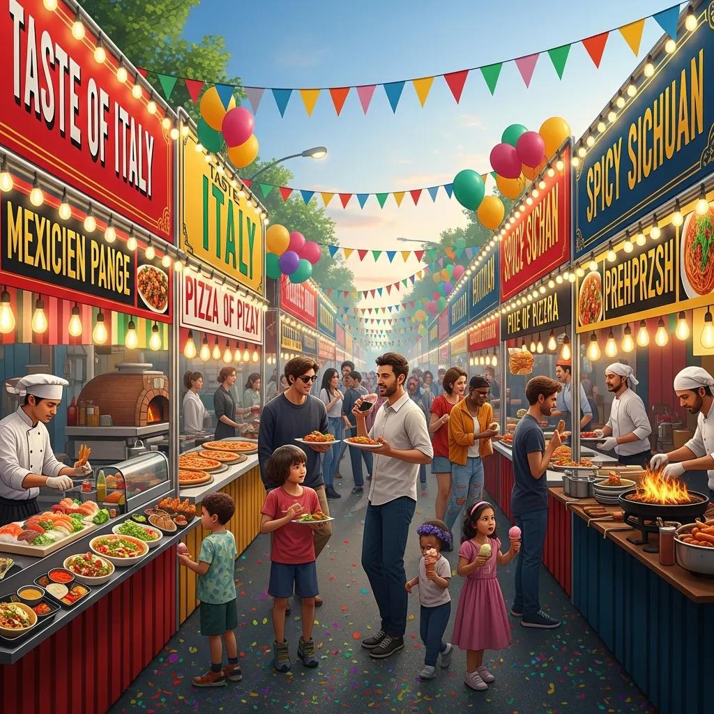 Vibrant food festival scene with diverse food stalls and people enjoying culinary experiences