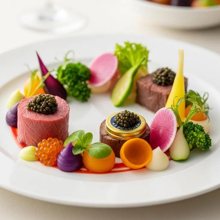 Vibrant food plating demonstrating color theory with A5 Wagyu, caviar, and seasonal vegetables