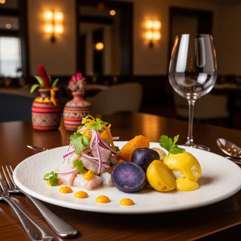 Vibrant Peruvian dish featuring ceviche, ají amarillo, and native potatoes in an upscale dining setting
