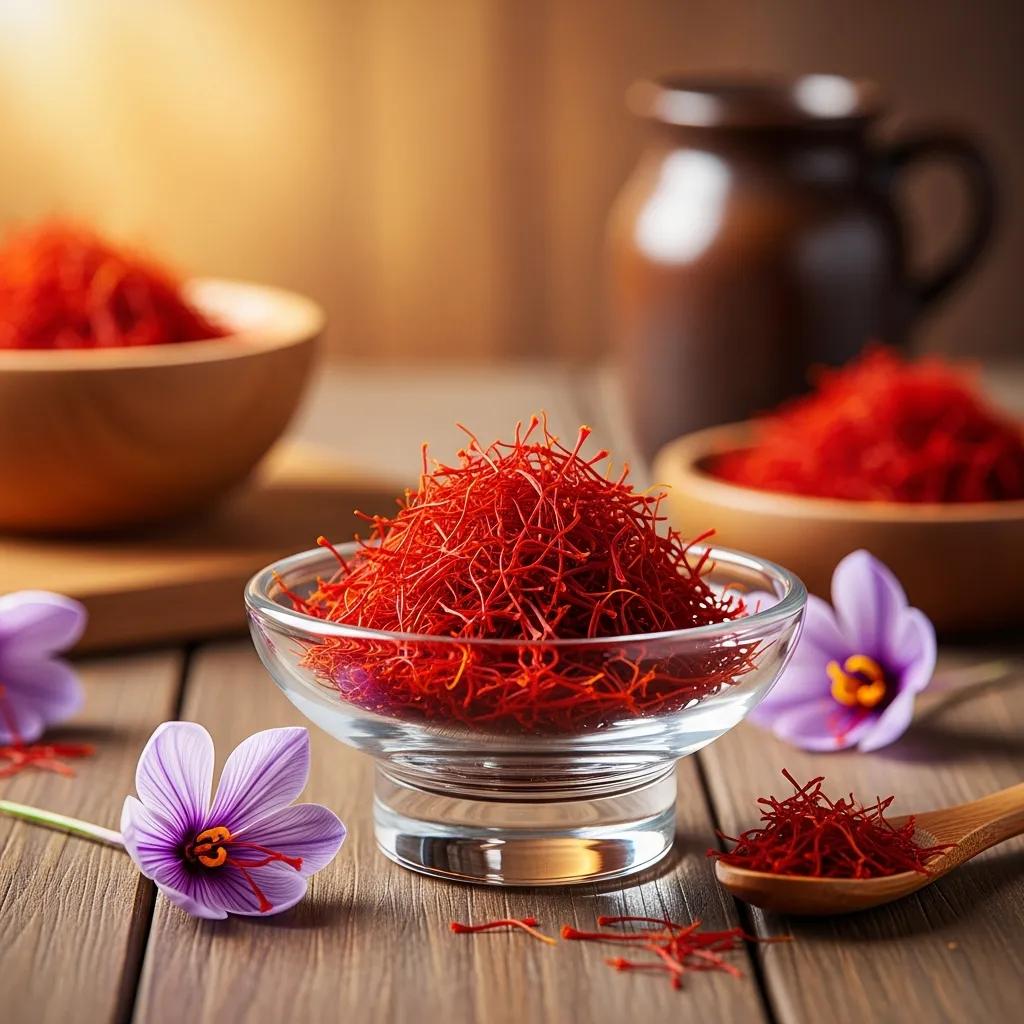 Vibrant saffron threads in a glass bowl, accompanied by purple saffron flowers, showcasing the luxurious appeal of saffron, relevant to Kaviar's focus on high-quality ingredients in Japanese fine dining.